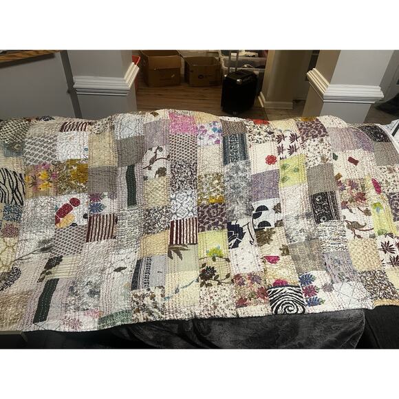 Handmade Kantha Quilt Vintage Boho Throw Blanket Bedspread 96x84 in Hippie Decor - Picture 3 of 8